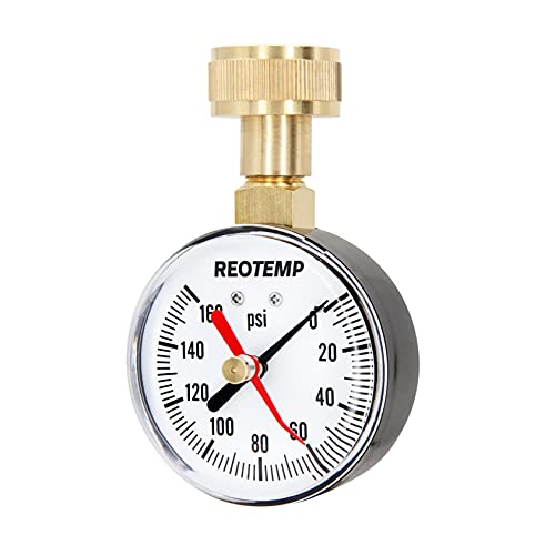 Reotemp PD25H 2.5" Home Water Pressure Test Gauge with Max Pointer, 0-160 PSI, 3/4" Female Garden Hose Thread, Hose Bib Gauge