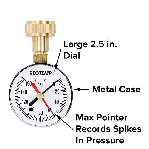 Reotemp PD25H 2.5" Home Water Pressure Test Gauge with Max Pointer, 0-160 PSI, 3/4" Female Garden Hose Thread, Hose Bib Gauge