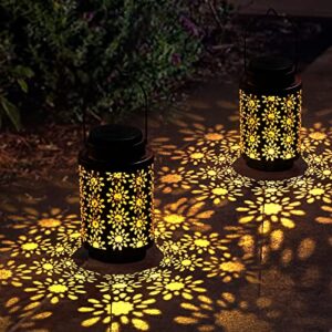2 pack solar lanterns outdoor hanging retro metal landscape lighting for patio yard pathway decorative, crafted garden solar lights decor indoor long lasting performance hollowed out pattern