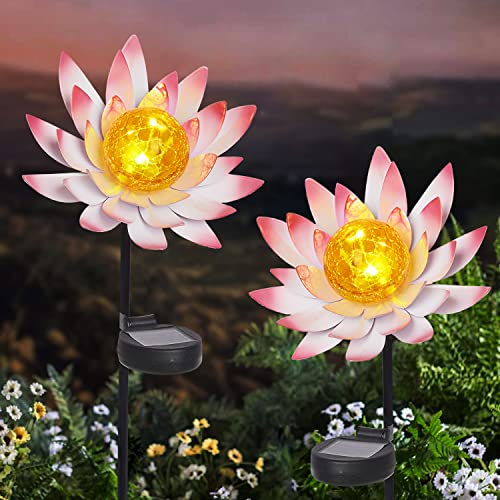 Solar Lotus Lights Outdoor Decorative Garden Stake,Metal Flower Lights with Crackle Globe Glass, Waterproof Outdoor Decorations for Patio,Lawn,Yard,Walkway(2 Pack)