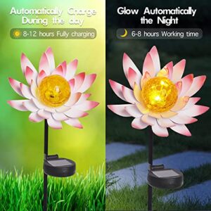 Solar Lotus Lights Outdoor Decorative Garden Stake,Metal Flower Lights with Crackle Globe Glass, Waterproof Outdoor Decorations for Patio,Lawn,Yard,Walkway(2 Pack)