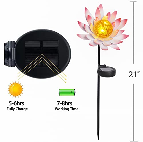 Solar Lotus Lights Outdoor Decorative Garden Stake,Metal Flower Lights with Crackle Globe Glass, Waterproof Outdoor Decorations for Patio,Lawn,Yard,Walkway(2 Pack)