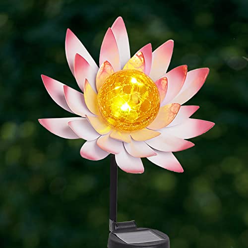 Solar Lotus Lights Outdoor Decorative Garden Stake,Metal Flower Lights with Crackle Globe Glass, Waterproof Outdoor Decorations for Patio,Lawn,Yard,Walkway(2 Pack)