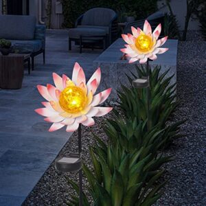 Solar Lotus Lights Outdoor Decorative Garden Stake,Metal Flower Lights with Crackle Globe Glass, Waterproof Outdoor Decorations for Patio,Lawn,Yard,Walkway(2 Pack)