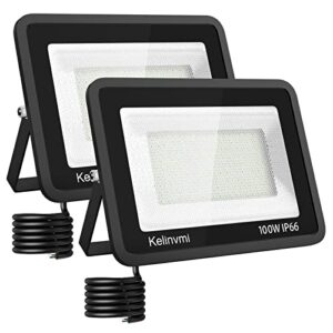 kelinvmi led flood lights outdoor 100w, outdoor security light 10000lm high brightness with plug, 4200k work light with ip66 outdoor floodlights for garage, porch, backyard, playground