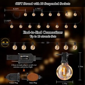 Supzimo 60Ft Outdoor String Lights Waterproof Patio Lights with 32 Shatterproof Dimmable G40 Bulbs, 2700k Commercial Hanging Lights for Outside Backyard Porch Bistro Balcony Garden Party Decor