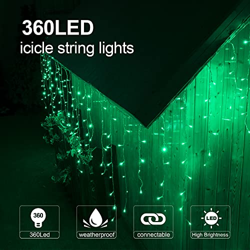 Qunlight Christmas Lights Outdoor IcicleLights 360LED 33FT 8 Modes, Connectable Hanging Fairy String Lights with 30V Plug in for Valentine Wedding Party Eave Garden Wall Decorations(Green)