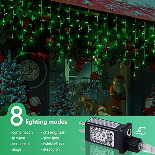 Qunlight Christmas Lights Outdoor IcicleLights 360LED 33FT 8 Modes, Connectable Hanging Fairy String Lights with 30V Plug in for Valentine Wedding Party Eave Garden Wall Decorations(Green)