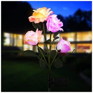 solar lights outdoor decorative, rechoo solar garden lights with 4 rose flowers, muti-color changing led waterproof solar powered landscape lights for garden patio yard pathway decoration, pink