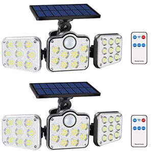 outdoor solar powered flood lights, kwafotri 138 led 2200lm with remote control, ip65 waterproof, 3 adjustable heads, 270° wide angle, wireless security light for garage patio porch garden yard-2 pack