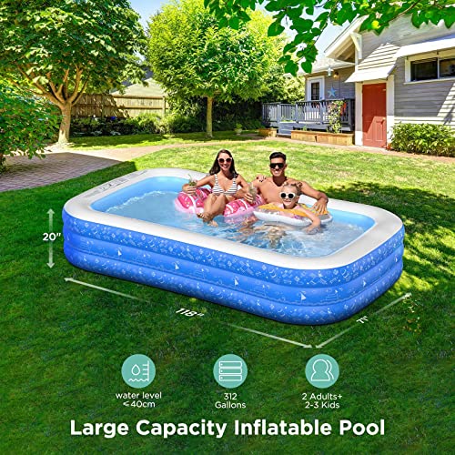 Inflatable Pool - 120"X71"X20" Swimming Blow Up Pool for Baby, Kids, Kiddie, Toddlers, Adults, Full-Size Family Above Ground Pool Piscinas Outdoor Garden Backyard Water Party for Age 3+