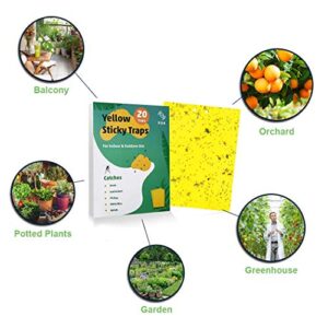 KGK Sticky Traps - 20 Pack, Dual-Sided Yellow Sticky Traps for Fungus Gnats, Aphids, and Other Flying Plant Insects - 6x8 Inches (Twist Ties and Holders Included)