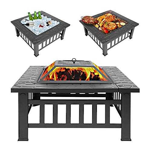 Tenozek 32'' Patio Fire Pits,Outdoor Stove Wood Burning Square Table Backyard Garden Heater/BBQ/Ice Fire Pit Set (32")