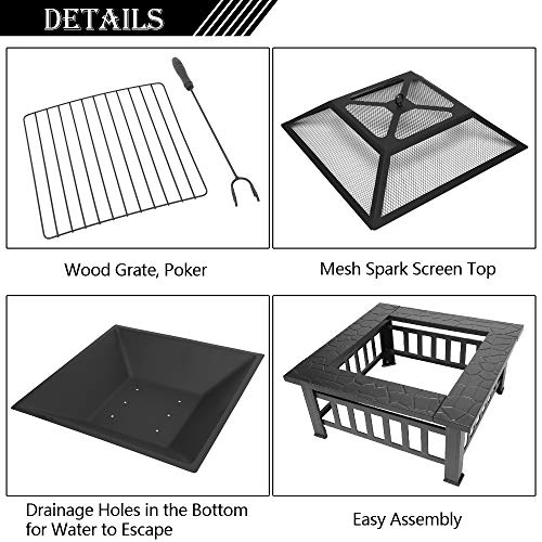 Tenozek 32'' Patio Fire Pits,Outdoor Stove Wood Burning Square Table Backyard Garden Heater/BBQ/Ice Fire Pit Set (32")