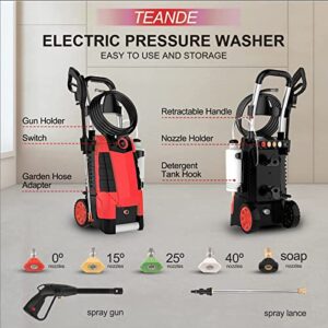 Power Washer, TE3000 1.9GPM Pressure Washer 1800W Electric High Pressure Washer Professional Car Washer Cleaner Machine with Hose Reel,5 Nozzles for Patio Garden Yard Vehicle