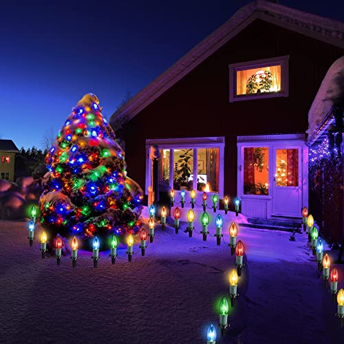 C9 Christmas Pathway Lights with Stakes, 24.2 FT Waterproof Walkway Christmas Lights with 20 Bulbs, Connectable Holiday Time Xmas Decorative Path Lights for Outside Yard Garden, Multicolored