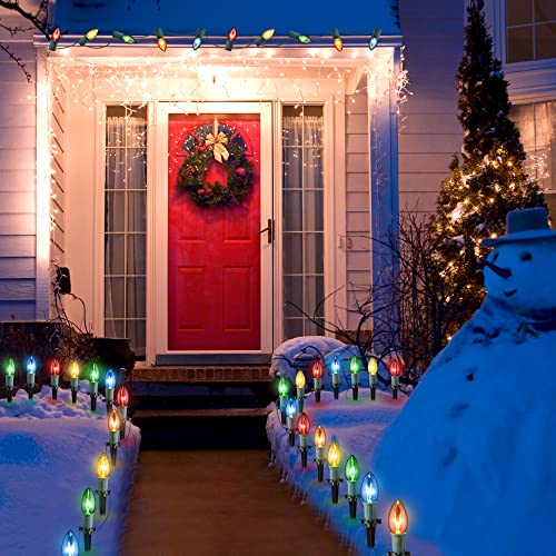 C9 Christmas Pathway Lights with Stakes, 24.2 FT Waterproof Walkway Christmas Lights with 20 Bulbs, Connectable Holiday Time Xmas Decorative Path Lights for Outside Yard Garden, Multicolored