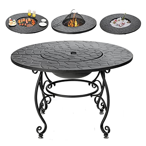 Giantex Fire Pit Table 4-in-1 Outdoor Dining Table, 36 Inch Multifunctional Metal Round Patio Table, Wood Burning Fire Pits with Cover, Grill Grate, Poker for Garden, Poolside, Backyard Fireplace