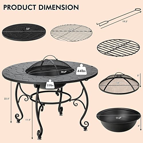 Giantex Fire Pit Table 4-in-1 Outdoor Dining Table, 36 Inch Multifunctional Metal Round Patio Table, Wood Burning Fire Pits with Cover, Grill Grate, Poker for Garden, Poolside, Backyard Fireplace