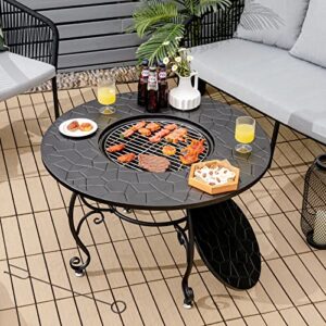 Giantex Fire Pit Table 4-in-1 Outdoor Dining Table, 36 Inch Multifunctional Metal Round Patio Table, Wood Burning Fire Pits with Cover, Grill Grate, Poker for Garden, Poolside, Backyard Fireplace