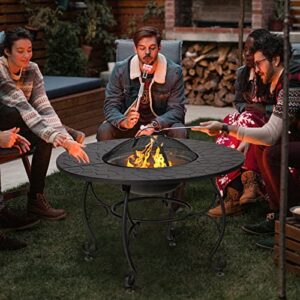 Giantex Fire Pit Table 4-in-1 Outdoor Dining Table, 36 Inch Multifunctional Metal Round Patio Table, Wood Burning Fire Pits with Cover, Grill Grate, Poker for Garden, Poolside, Backyard Fireplace