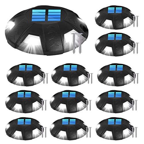 AMKI Solar Driveway Lights, 12-Pack LED Deck Lights Bright White, Solar Powered Road Markers Lights IP67 Waterproof Outdoor Warning Step Lights Stay Lit for Boat Dock Driveway Walkway Pathway Garden