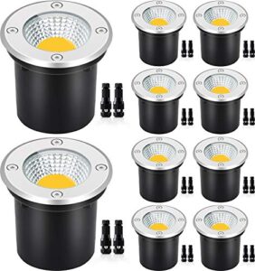 sunvie low voltage landscape lights with wire connectors 12w led well lights ip67 waterproof outdoor in-ground lights 12v-24v warm white pathway garden lights for driveway deck (10 pack & connectors)
