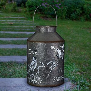 exhart solar “garden” cute pail lantern, outdoor led garden light, durable stamped metal, 7.5”x11.5”