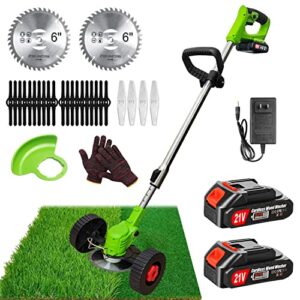 cordless weed eater battery powered weed wacker 21v electric grass trimmer edger lawn tool, 2pcs 2.0ah battery operated weed trimmer brush cutter, lightweight wheeled no string trimmer for garden&yard