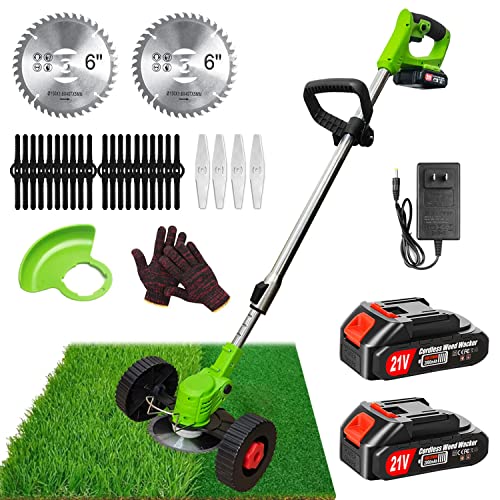 Cordless Weed Eater Battery Powered Weed Wacker 21V Electric Grass Trimmer Edger Lawn Tool, 2Pcs 2.0Ah Battery Operated Weed Trimmer Brush Cutter, Lightweight Wheeled No String Trimmer for Garden&Yard