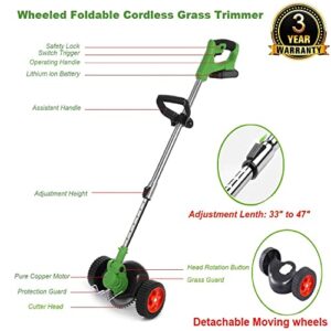 Cordless Weed Eater Battery Powered Weed Wacker 21V Electric Grass Trimmer Edger Lawn Tool, 2Pcs 2.0Ah Battery Operated Weed Trimmer Brush Cutter, Lightweight Wheeled No String Trimmer for Garden&Yard