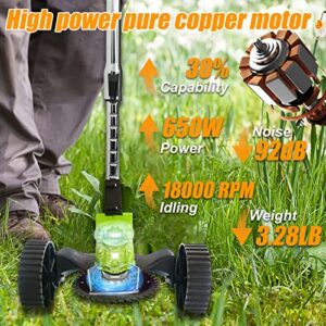 Cordless Weed Eater Battery Powered Weed Wacker 21V Electric Grass Trimmer Edger Lawn Tool, 2Pcs 2.0Ah Battery Operated Weed Trimmer Brush Cutter, Lightweight Wheeled No String Trimmer for Garden&Yard