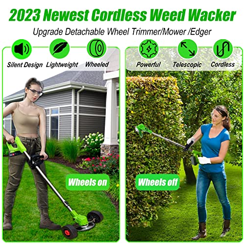 Cordless Weed Eater Battery Powered Weed Wacker 21V Electric Grass Trimmer Edger Lawn Tool, 2Pcs 2.0Ah Battery Operated Weed Trimmer Brush Cutter, Lightweight Wheeled No String Trimmer for Garden&Yard