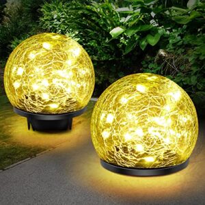 keevvon solar garden lights, 2 pack warm cracked glass solar globe lights outdoor decoration, upgraded waterproof warm white led ball lights for yard pathway patio lawn christmas outside decor, 4.73″