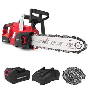 powersmart electric chainsaw 20v battery powered, cordless chain saw with 12 inch chain and bar, 4ah battery and fast charger included, power chainsaw for trees wood farm garden ranch forest cutting