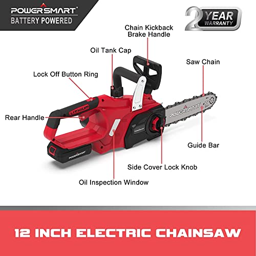 PowerSmart Electric Chainsaw 20V Battery Powered, Cordless Chain Saw With 12 Inch Chain and Bar, 4Ah Battery And Fast Charger Included, Power Chainsaw For Trees Wood Farm Garden Ranch Forest Cutting