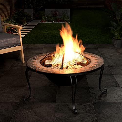 FirsTime & Co. Dark Gray Artemis Fire Pit with Screen Lid, Wood Burning Fire Pit for Garden, Backyard, Patio, Mosaic Tiles, 31.5 x 31.5 x 22.25 inches