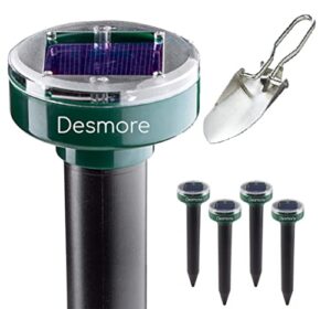 desmore solar sonic mole repellents. the set includes 4 devices that each cover 7,500 sq ft, 100% safe and humane.every purchase includes a beautiful free stainless foldable shovel for installation.