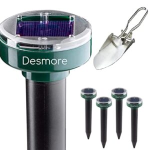 DESMORE Solar Sonic mole repellents. The Set Includes 4 Devices That Each Cover 7,500 sq ft, 100% Safe and Humane.Every Purchase Includes a Beautiful Free Stainless Foldable Shovel for Installation.