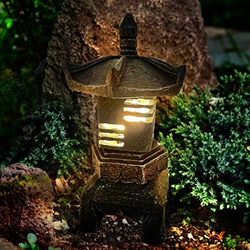 MIBUNG Solar Pagoda Lantern Outdoor Statue, Peaceful Pagoda Sculpture with Solar Lotus Light, Asian Decor Zen Garden Art Japanese Temple Pagoda Lamp for Patio Yard Lawn Home Decorations