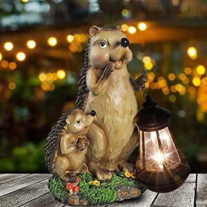 foreby garden statue hedgehog decor，hedgehog figurine for garden decor,garden ornament with solar lantern-unique gifts for mom in patio lawn yard decor