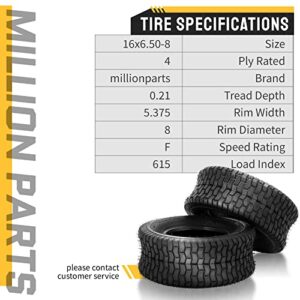 Set of 2 16x6.50-8 Turf Tires 4 Ply 16-by-6.50-by-8 Tubeless Tires Replacement for Garden Tractor Lawn Mower