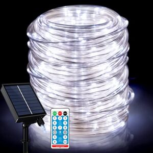 solar outdoor rope lights, 66ft 200leds solar powered rope lights outdoor, 8 modes dimmable/timer remote string light 3.7v/1200mah rope solar lights outdoor waterproof for garden decor, white