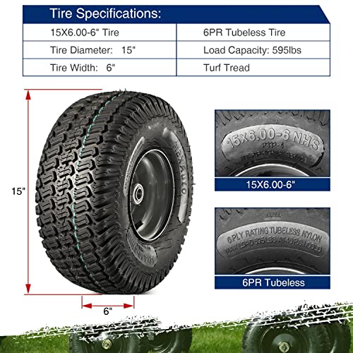 MaxAuto 2Pcs 15X6.00-6 Front Tire and wheel Assembly Replacement for Craftsman John Deere Riding Mowers, 3" Centered Hub with 3/4" Axle Bore,Dark Gray Rim