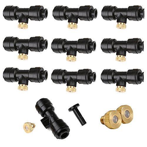 Yotako 1/4'' Slip-Lock Misting Nozzles Kit, 12Pcs Brass Misting Nozzles 10Pcs Water Misting Nozzle Tees Thread Misting Nozzle Tees with Plugs for Outdoor Spray Cooling System