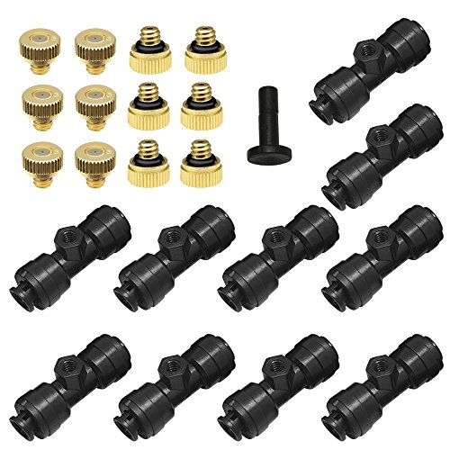 Yotako 1/4'' Slip-Lock Misting Nozzles Kit, 12Pcs Brass Misting Nozzles 10Pcs Water Misting Nozzle Tees Thread Misting Nozzle Tees with Plugs for Outdoor Spray Cooling System