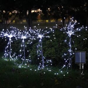 solar firework lights outdoor waterproof, 4 pack 180 led christmas pathway lights copper wire lights, outdoor landscape stake lights for garden patio yard christmas decorations. (white)