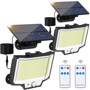 solar motion lights outdoor, [400 led/2 pack/3 modes] separate panel solar powered flood security lights with remote, 16.4ft cable, ip65 waterproof wall lights for garden garage yard backyard patio