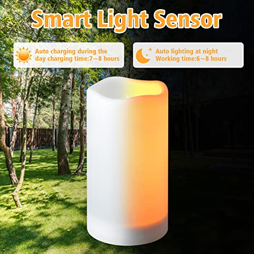 Solar flameless Candles Outdoor Waterproof,Dusk to Dawn Outdoor Lighting, Flickering fameless Reusable LED Light Candles for Lantern Garden Camping and Home Decor , 3D Wick (3"X6") Set of 2