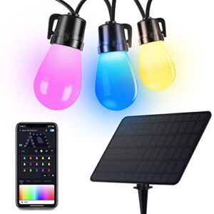 asahom solar powered outdoor string lights color changing, 48ft waterproof solar rgb patio lights with 15 dimmable shatterproof warm white led bulbs, 5000mah solar panel capacity for garden gazebo
